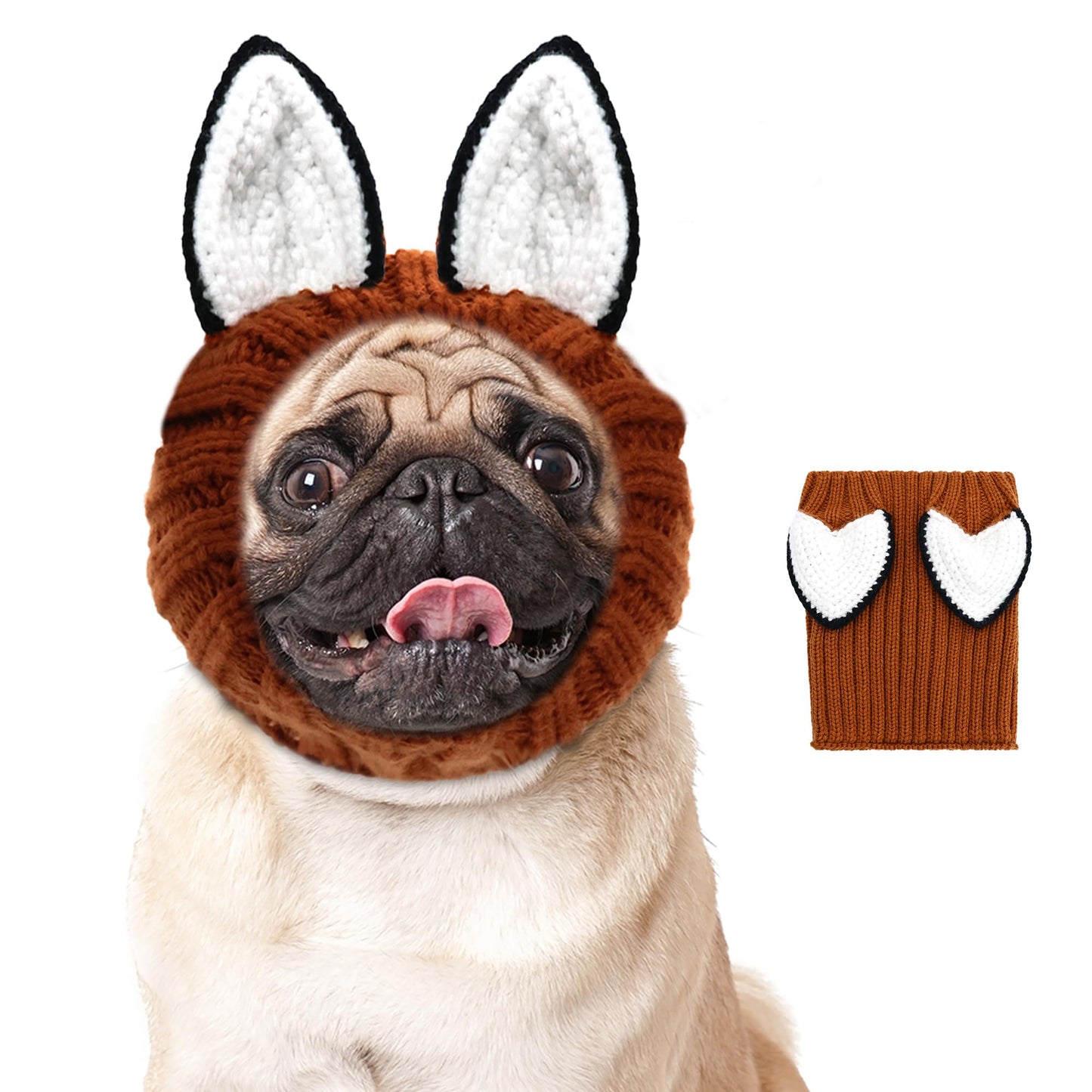 NACOCO Knit Ear Wrap Snoods - Dog Fox Costume Halloween Christmas Fox Ear Covers Hood, Warm Outfit Funny Cute Winter Knitted for Small Medium Pet