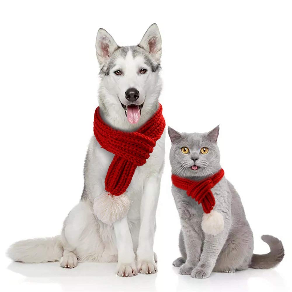 NACOCO Christmas Dog Knitted Scarf with White Pompom Warm Bandana Winter Holiday Pet Accessories Cat Scarves for Small Medium Cats Dogs Lovely Winter Outfits