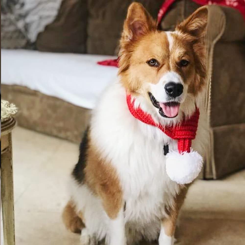 NACOCO Christmas Dog Knitted Scarf with White Pompom Warm Bandana Winter Holiday Pet Accessories Cat Scarves for Small Medium Cats Dogs Lovely Winter Outfits