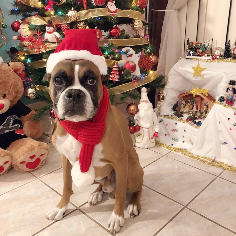 NACOCO Christmas Dog Knitted Scarf with White Pompom Warm Bandana Winter Holiday Pet Accessories Cat Scarves for Small Medium Cats Dogs Lovely Winter Outfits