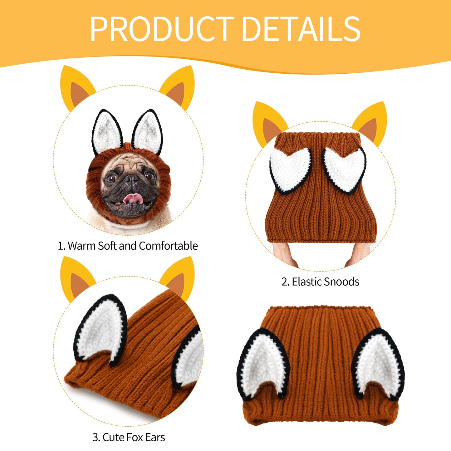 NACOCO Knit Ear Wrap Snoods - Dog Fox Costume Halloween Christmas Fox Ear Covers Hood, Warm Outfit Funny Cute Winter Knitted for Small Medium Pet
