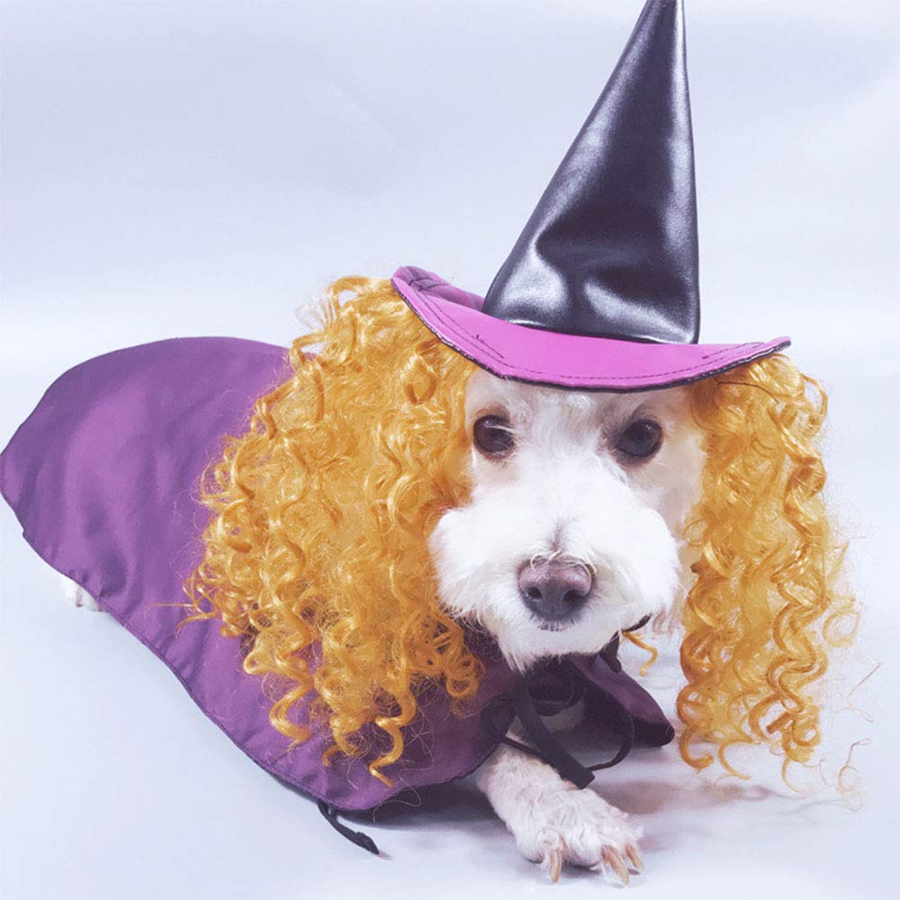 NACOCO Dog Halloween Wizard Hat Cat Cap Pet Costume Cloak with Necromancer Accessories Wig Funny for Dogs Cats
