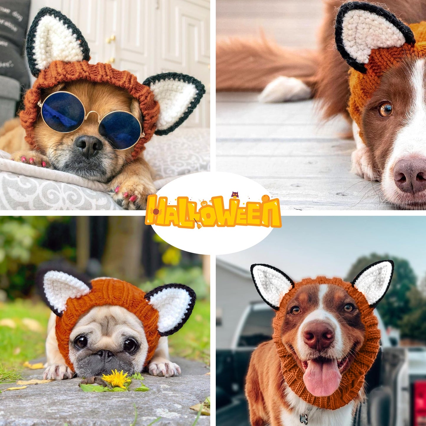 NACOCO Knit Ear Wrap Snoods - Dog Fox Costume Halloween Christmas Fox Ear Covers Hood, Warm Outfit Funny Cute Winter Knitted for Small Medium Pet