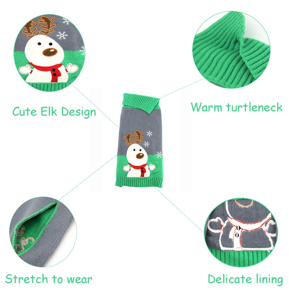 NACOCO Dog Elk Sweater Pet Snow Design Costume Green Gray Turtleneck for Winter Christmas